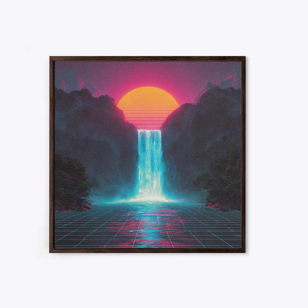 Neon Waterfall Sunset Sci Fi Landscape Wall Art Retro Futuristic Mountain Canvas Print For Gaming Room Modern Home Decor