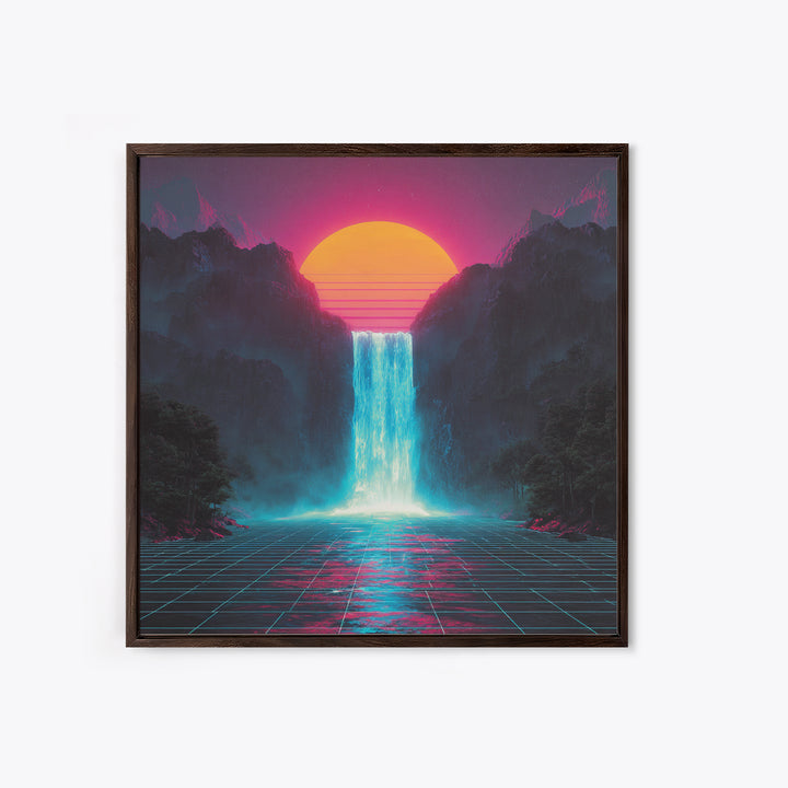 Neon Waterfall Sunset Sci Fi Landscape Wall Art Retro Futuristic Mountain Canvas Print For Gaming Room Modern Home Decor