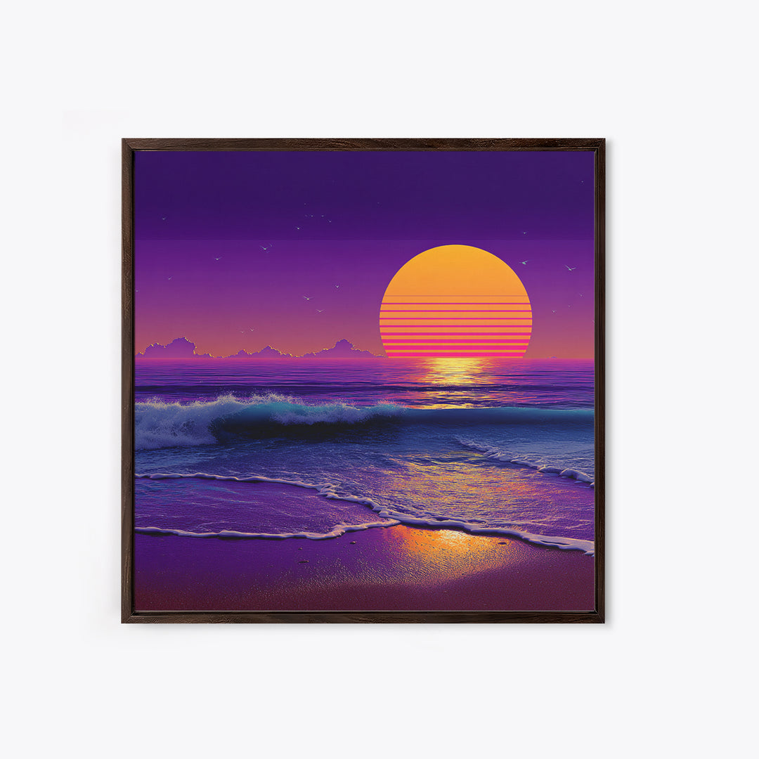 Neon Waves At Dusk Ocean Wall Art, Retro Sunset Beach Print, Vibrant Coastal Home Decor, Synthwave Seascape Living Room Wall Art