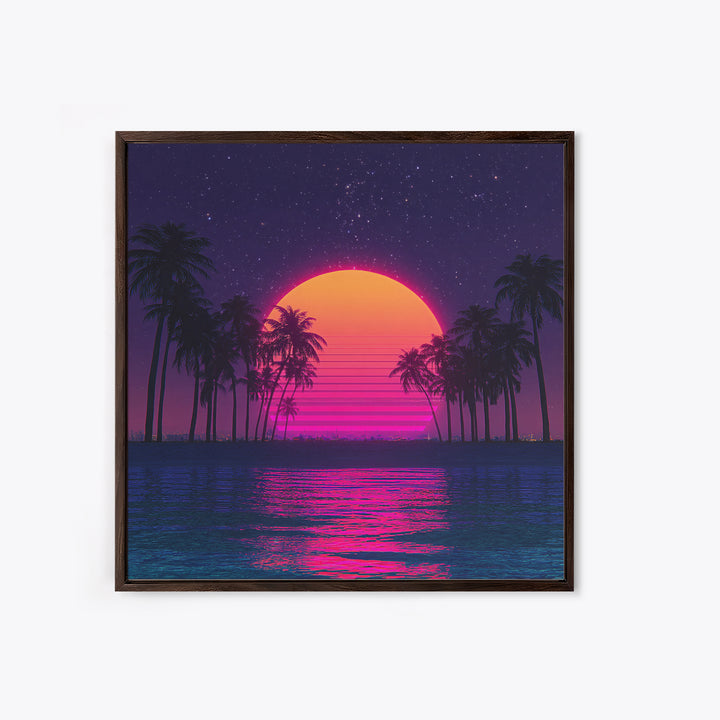 Neon Sunset Palm Tree Beach Canvas Print, Retro Wave Ocean Wall Art, Vibrant Coastal Home Decor, 80s Synthwave Bedroom Art