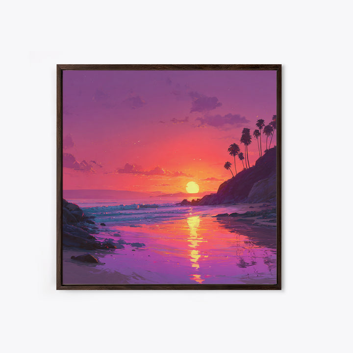 Tropical Sunset Beach Wall Art, Pink Orange Ocean Painting, Coastal Landscape Print, Modern Coastal Decor Framed Canvas Print