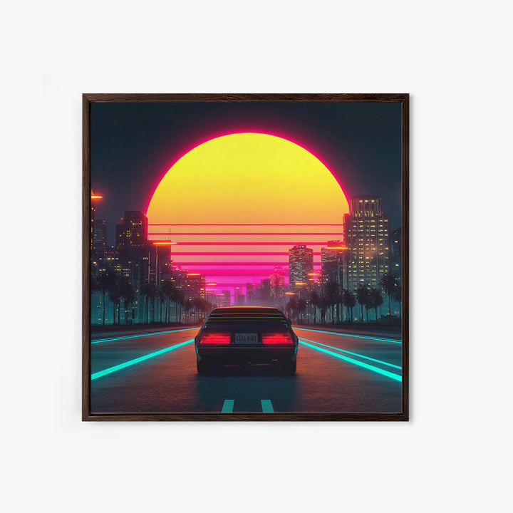 Retro Neon Car Driving Into Sunset Cityscape Wall Art Modern Abstract Framed Canvas Print Home Decor