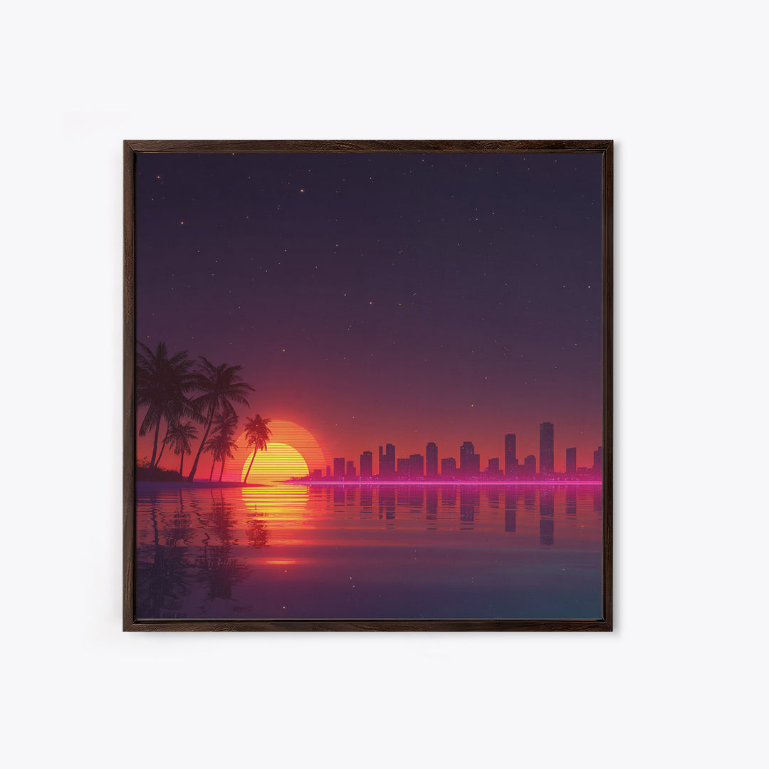 Neon City Skyline Sunset Over Water Retro Coastal Wall Art, Vibrant Nightscape Canvas Print For Modern Home Decor