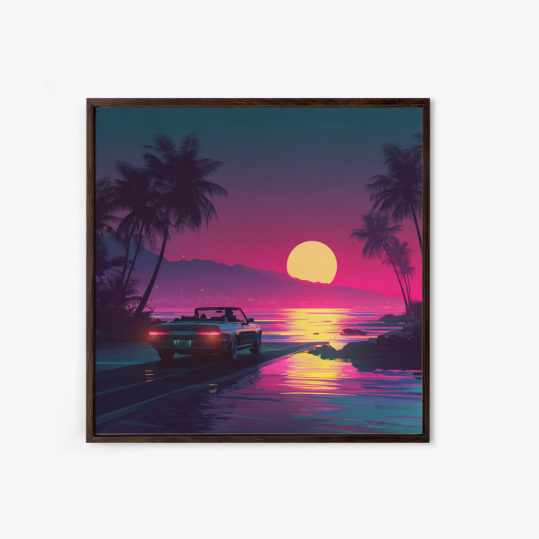 Retro Convertible Driving Into Neon Sunset Wall Art, 80s Aesthetic Beach Road Canvas Print, Vaporwave Room Decor