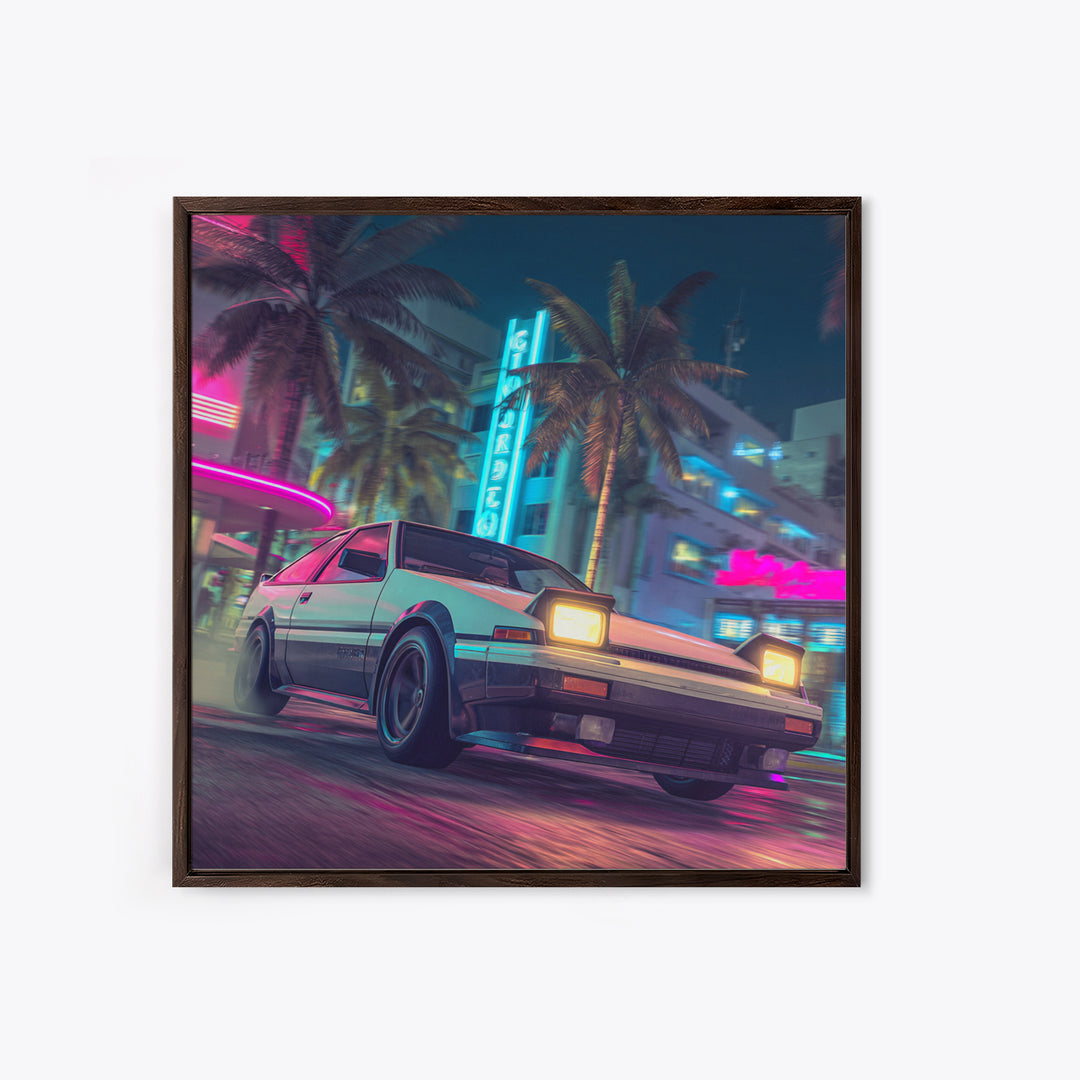 Retro Night City Car Wall Art, Neon Cyberpunk Street Canvas Print, Futuristic Cityscape Art, Gaming Room Decor Poster