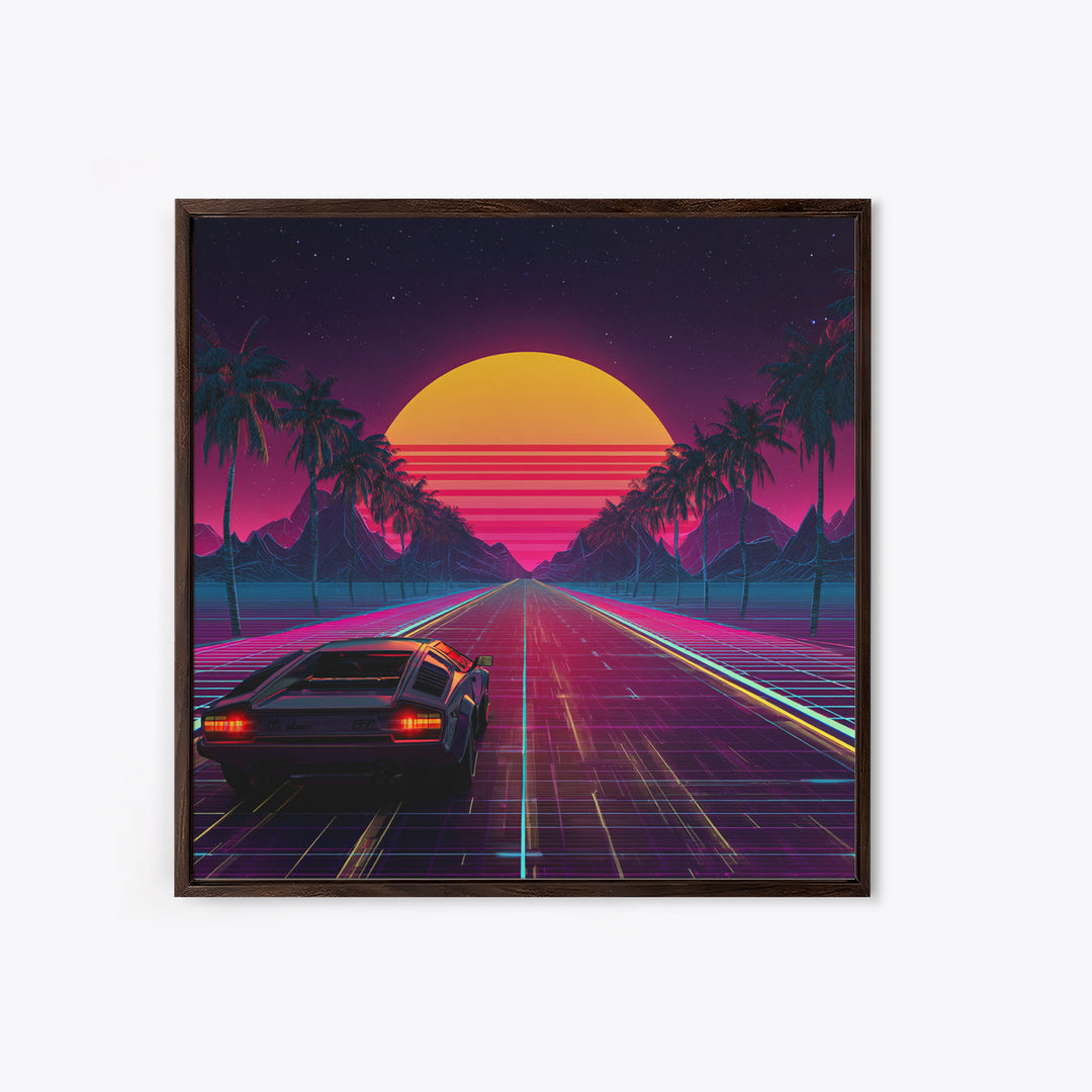 Retro Synthwave Car Driving Into Neon Sunset Wall Art, 80s Vaporwave Palm Road Aesthetic Canvas Print