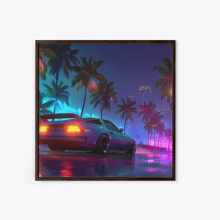 Neon Sports Car Palm Tree Night Wall Art, Retro Coastal City Canvas Print, Cyberpunk Beach Aesthetic Room Decor