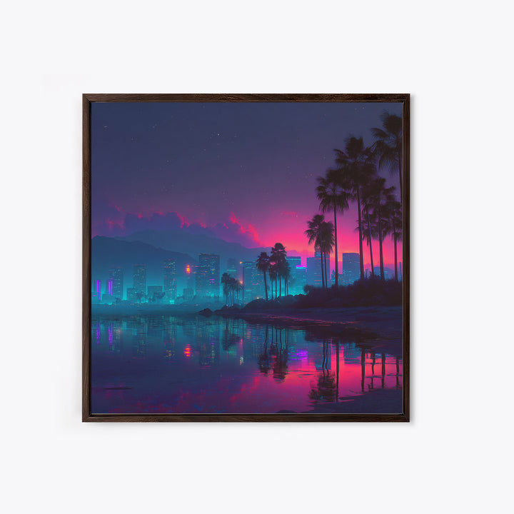 Neon City Beach Sunset Canvas Print, Retro Futuristic Coastal Wall Art, Vaporwave Room Decor Modern Living Room Wall Art