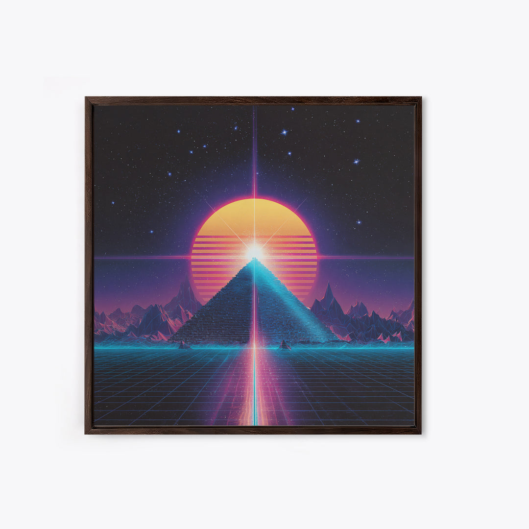 Retro Synthwave Pyramid And Sun Wall Art, Neon 80s Sci Fi Landscape, Vaporwave Gaming Room Decor, Framed Canvas Print