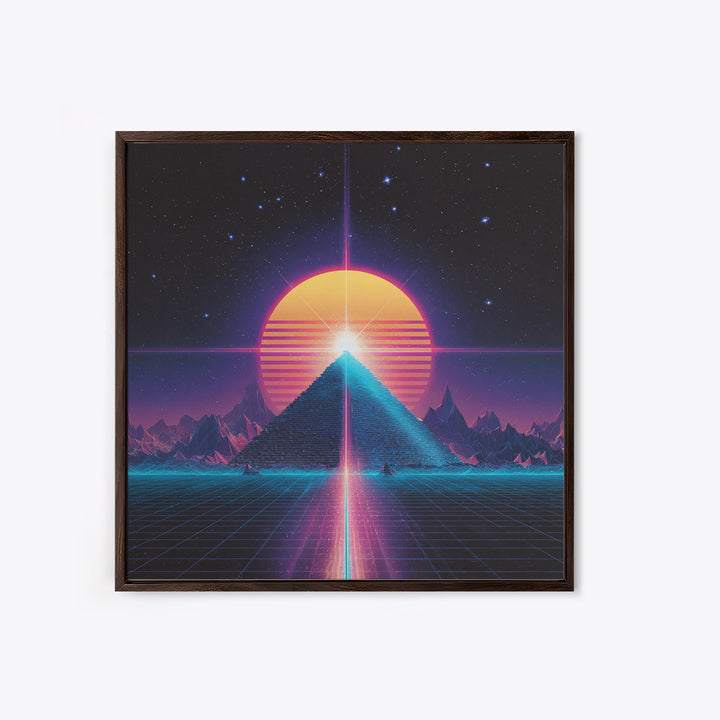 Retro Synthwave Pyramid And Sun Wall Art, Neon 80s Sci Fi Landscape, Vaporwave Gaming Room Decor, Framed Canvas Print