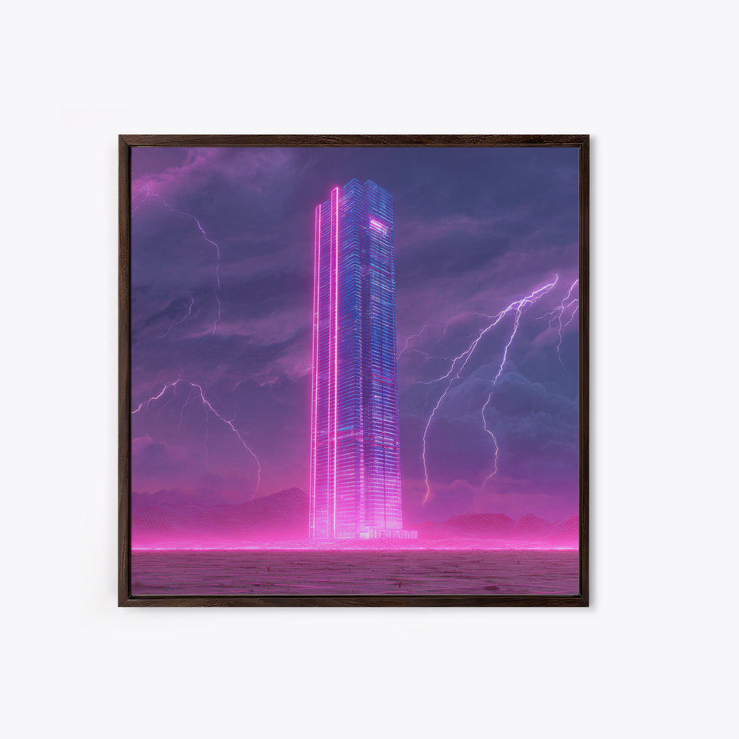 Neon Skyscraper In Storm Futuristic Wall Art, Cyberpunk Cityscape Painting, Sci Fi Modern Art Print, Gaming Room Canvas Print