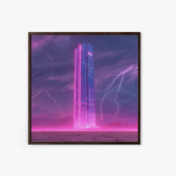 Neon Skyscraper In Storm Futuristic Wall Art, Cyberpunk Cityscape Painting, Sci Fi Modern Art Print, Gaming Room Canvas Print