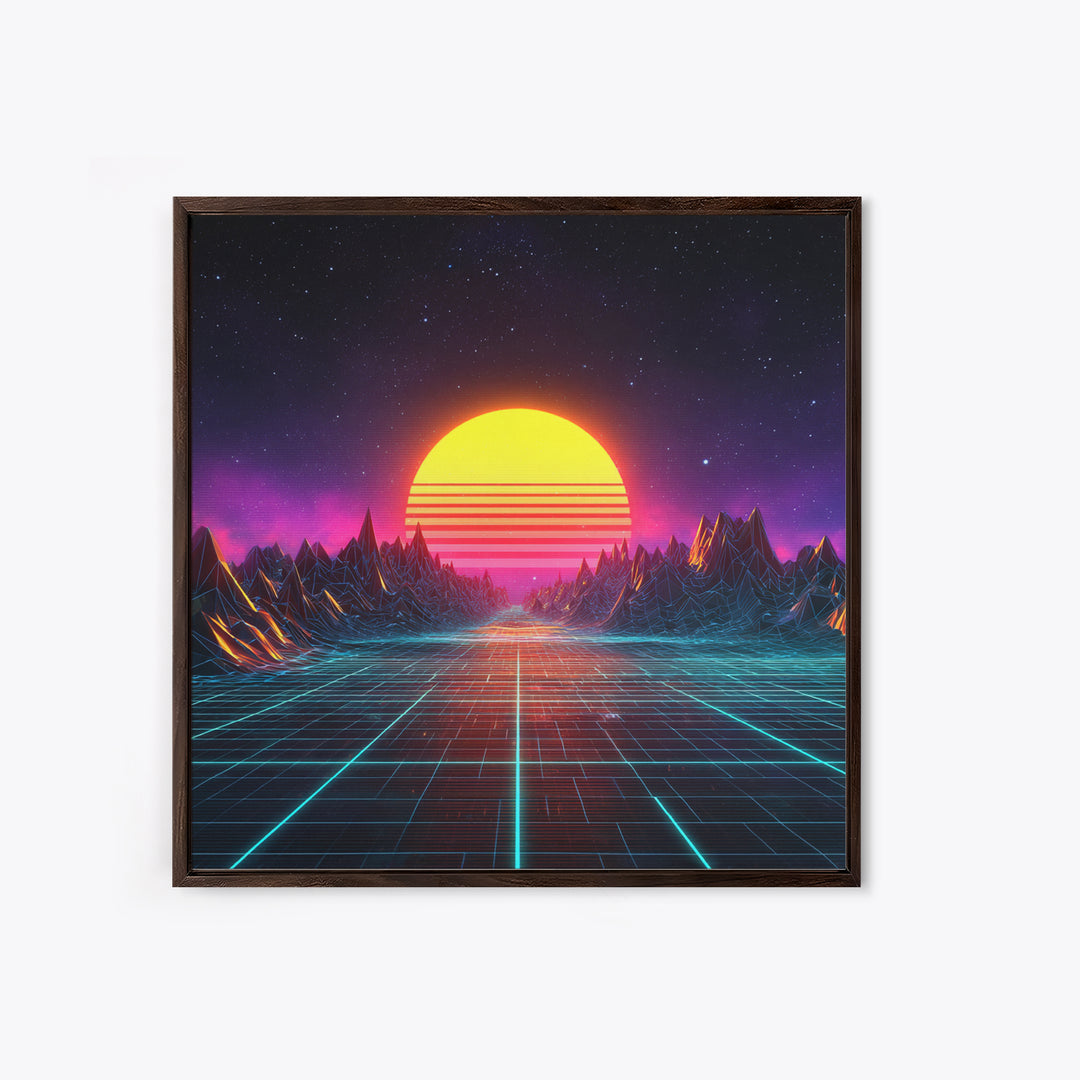 Retro Synthwave Sunset Landscape Canvas Print, Neon Cyberpunk Mountain Road Art, Gaming Room Decor Modern Wall Art