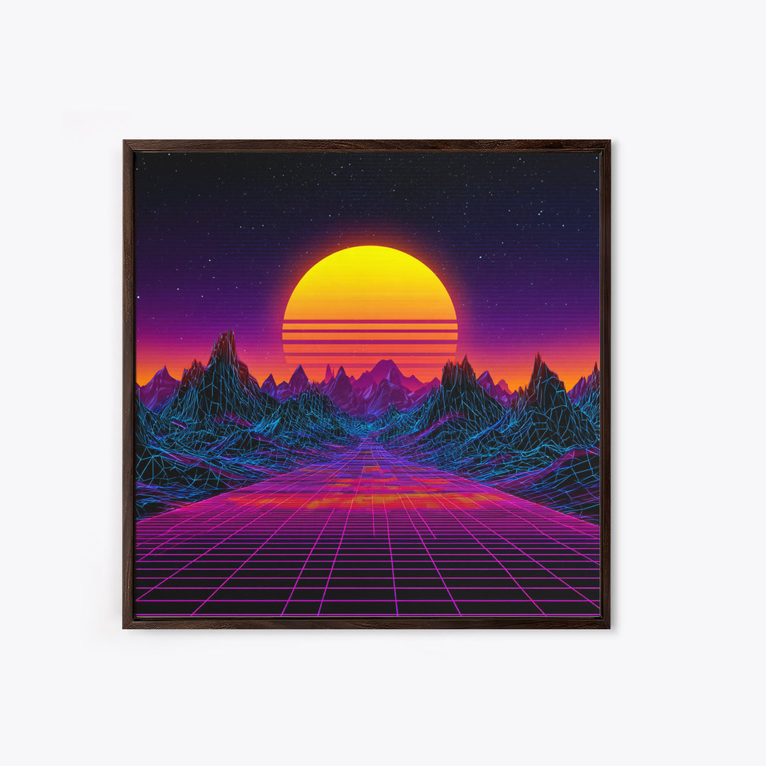 Retro Futuristic Neon Sunset Landscape Wall Art, Synthwave Mountains, 80s Vaporwave Canvas Print Home Decor