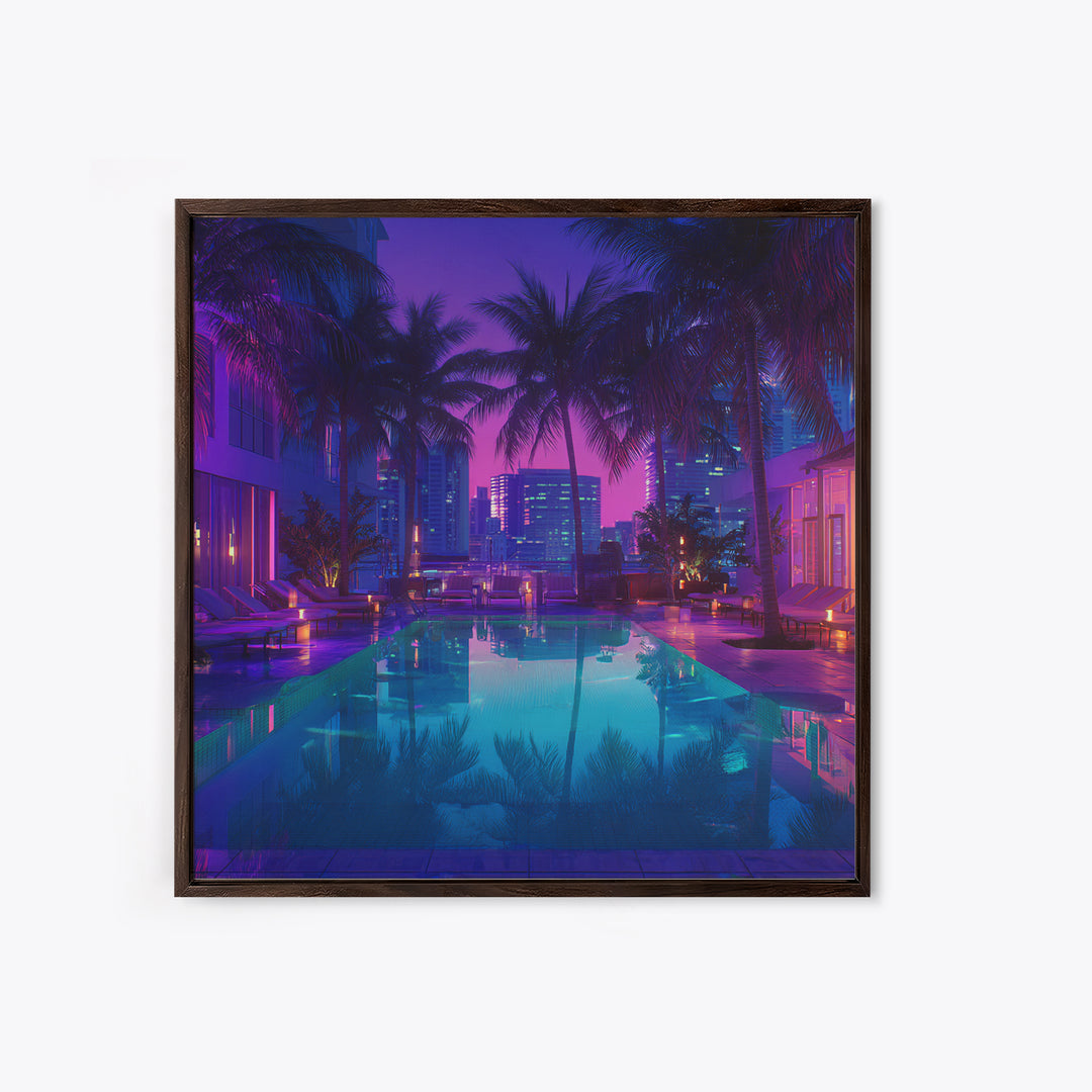 Neon City Rooftop Pool Nightscape Wall Art, Tropical Palm Skyline Print, Modern Urban Apartment Decor Wall Art