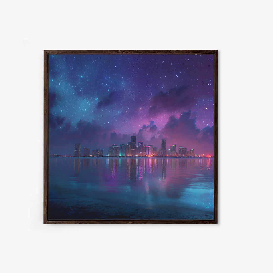 Neon City Skyline Under Starry Night Wall Art, Futuristic Coastal Canvas Print, Modern Apartment Decor