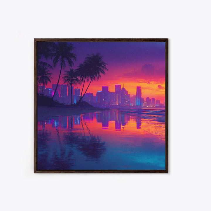 Neon Tropical City Sunset Beach Wall Art, Vibrant Coastal Canvas Print For Modern Living Room Decor And Dorm Aesthetic