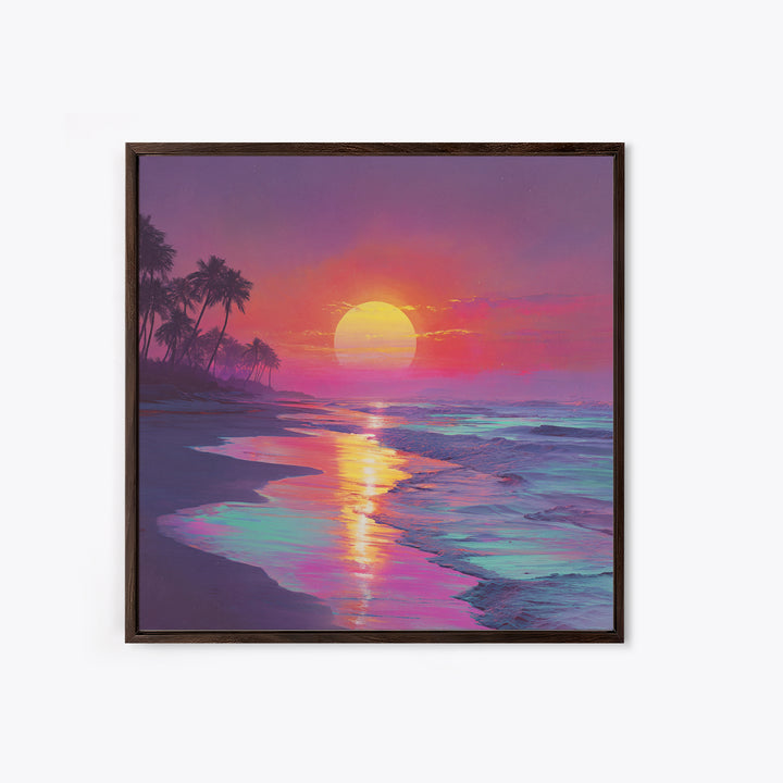Neon Sunset Beach With Palm Trees Wall Art, Vibrant Coastal Ocean Art Print, Modern Home Decor Living Room Wall Art