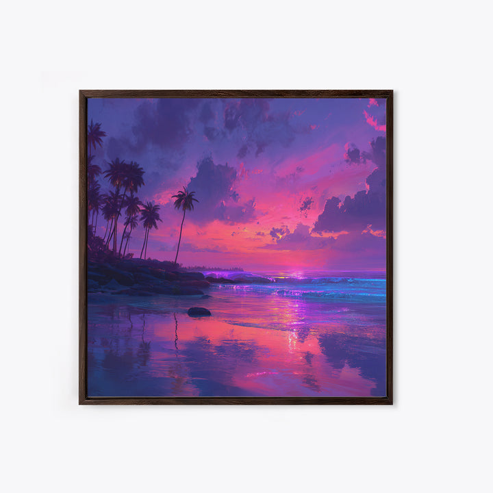 Vibrant Pink And Purple Tropical Seascape Wall Art, Palm Tree Sunset Ocean Landscape Canvas Print Decor