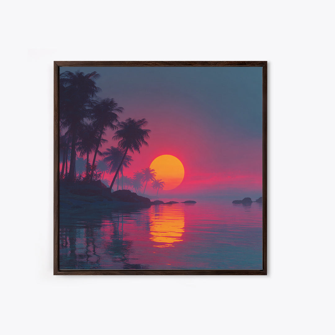 Pink And Teal Tropical Sunset Wall Art, Dreamy Coastal Landscape Canvas Print, Beach House Decor, Modern Ocean Painting