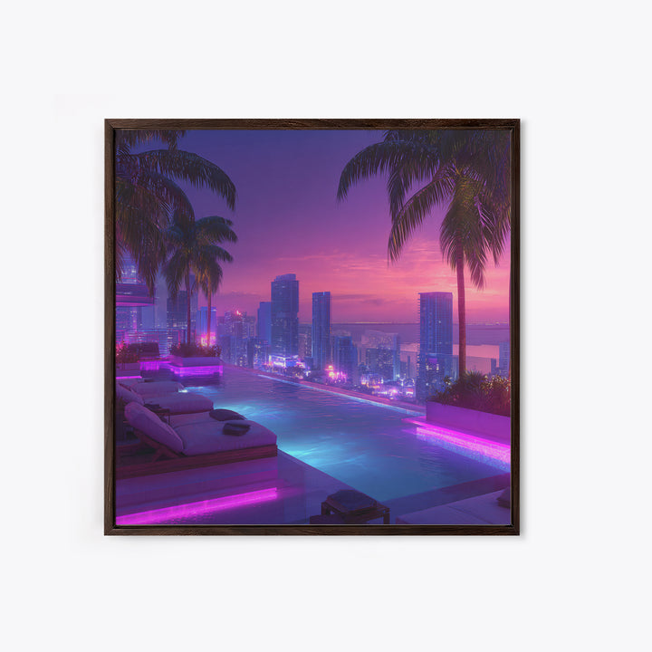 Neon City Rooftop Pool At Dusk Wall Art, Futuristic Skyline Canvas Print For Modern Apartment Decor And Gaming Room