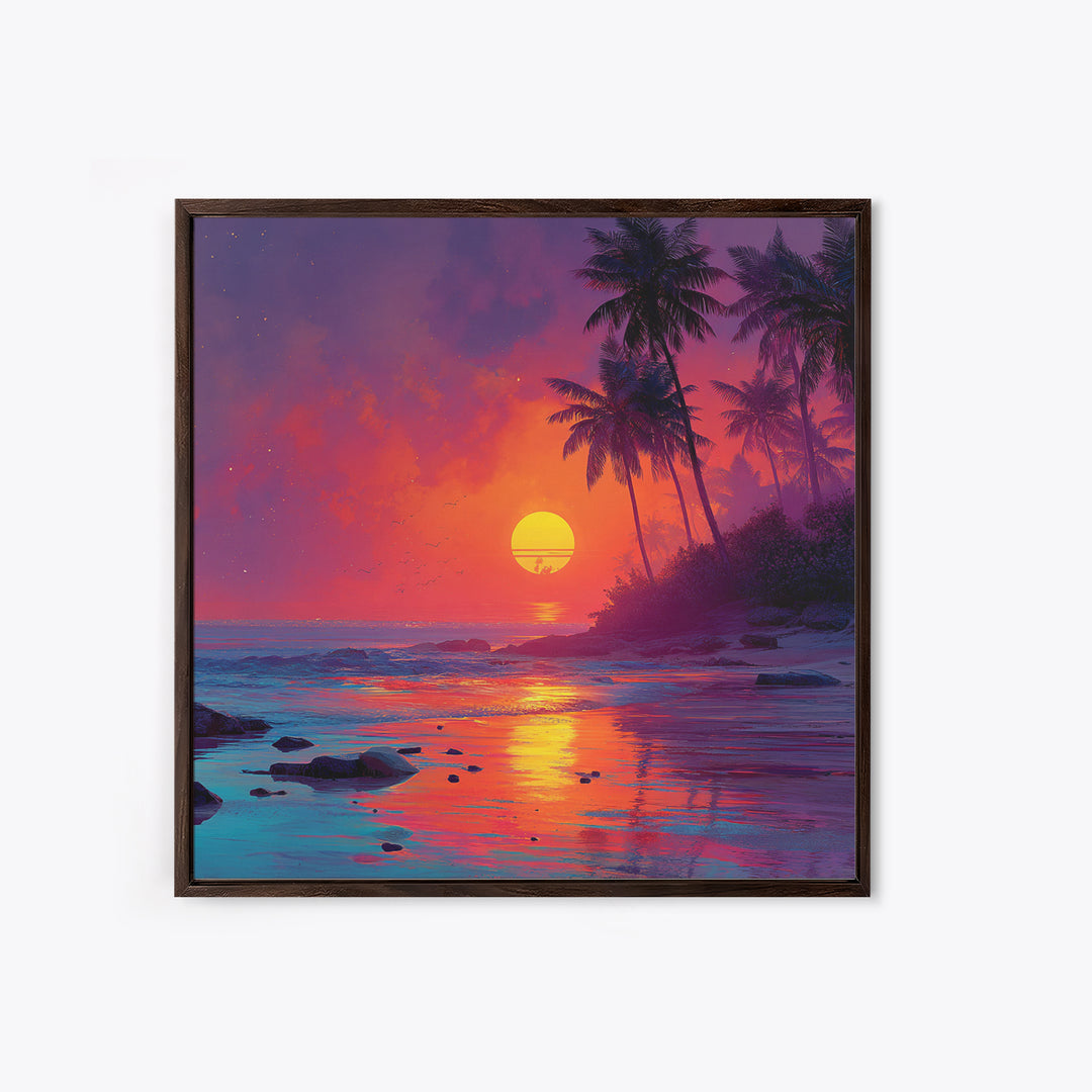 Vibrant Tropical Sunset Beach Wall Art, Colorful Palm Tree Ocean Canvas Print, Coastal Decor, Relaxing Summer Seascape