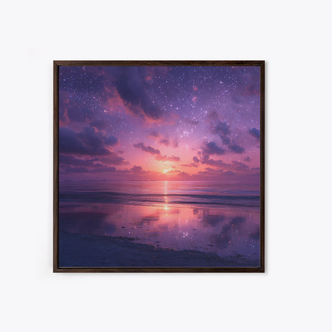 Dreamy Starlit Ocean Sunset Wall Art, Purple Night Sky Seascape Canvas Print, Calming Coastal Decor, Bedroom Artwork
