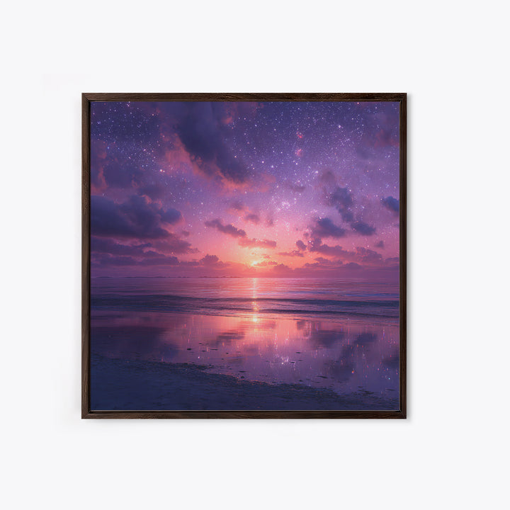 Dreamy Starlit Ocean Sunset Wall Art, Purple Night Sky Seascape Canvas Print, Calming Coastal Decor, Bedroom Artwork