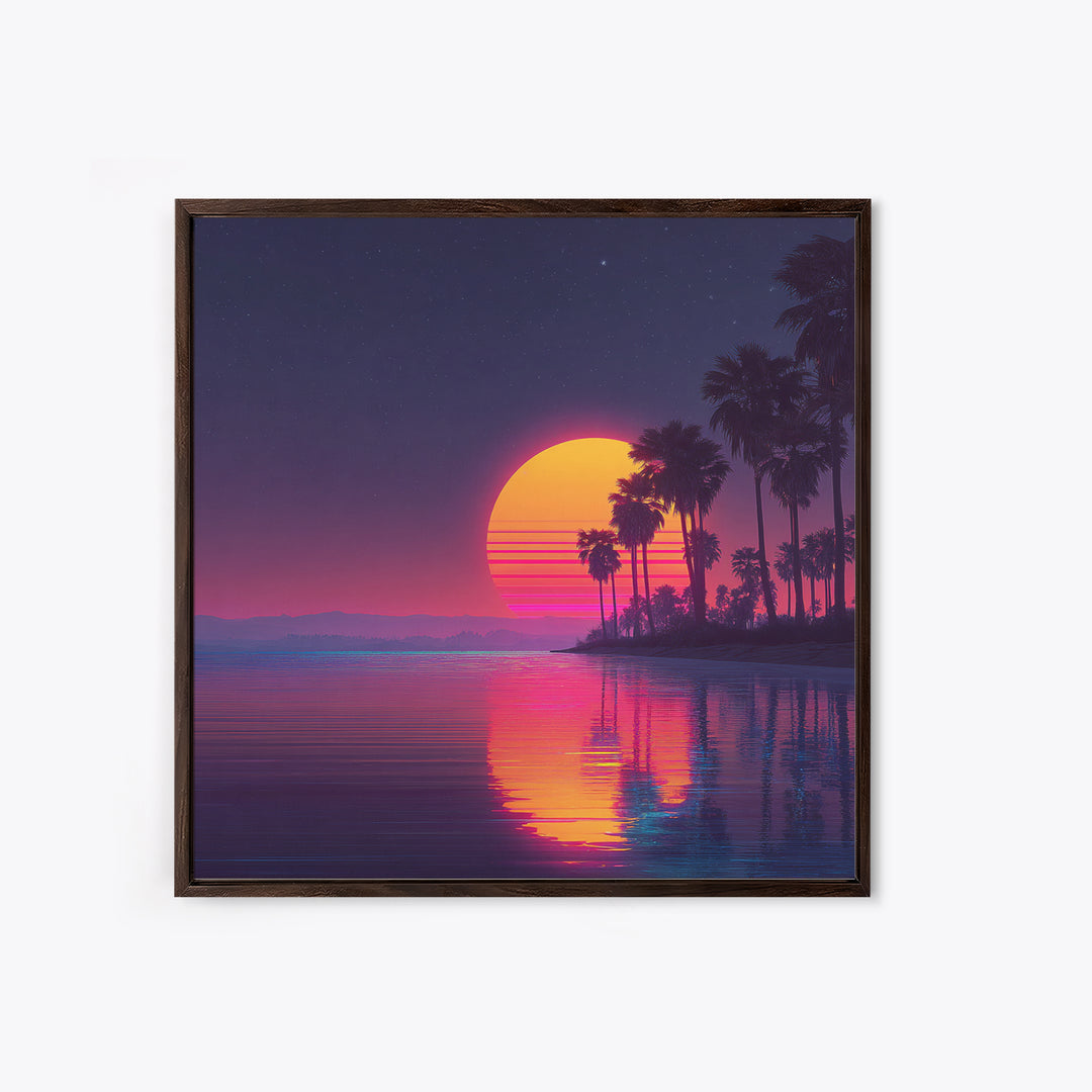 Neon Palm Tree Sunset Over Tropical Beach Wall Art, Retro Coastal Home Decor, Modern Landscape Art Print, Living Room Decor