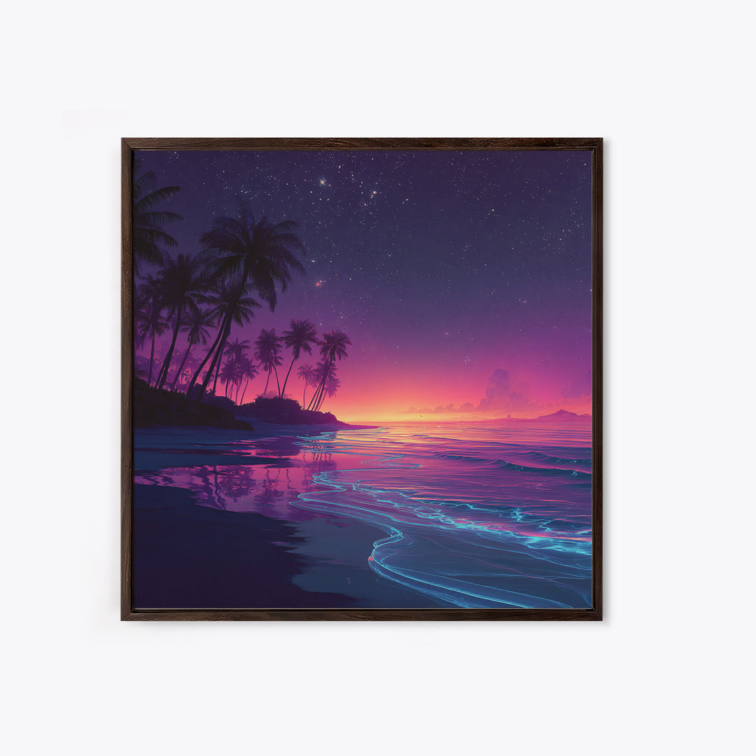 Neon Night Beach With Palm Trees Canvas Print, Dreamy Coastal Ocean Wall Art, Retro Tropical Bedroom And Living Room Decor