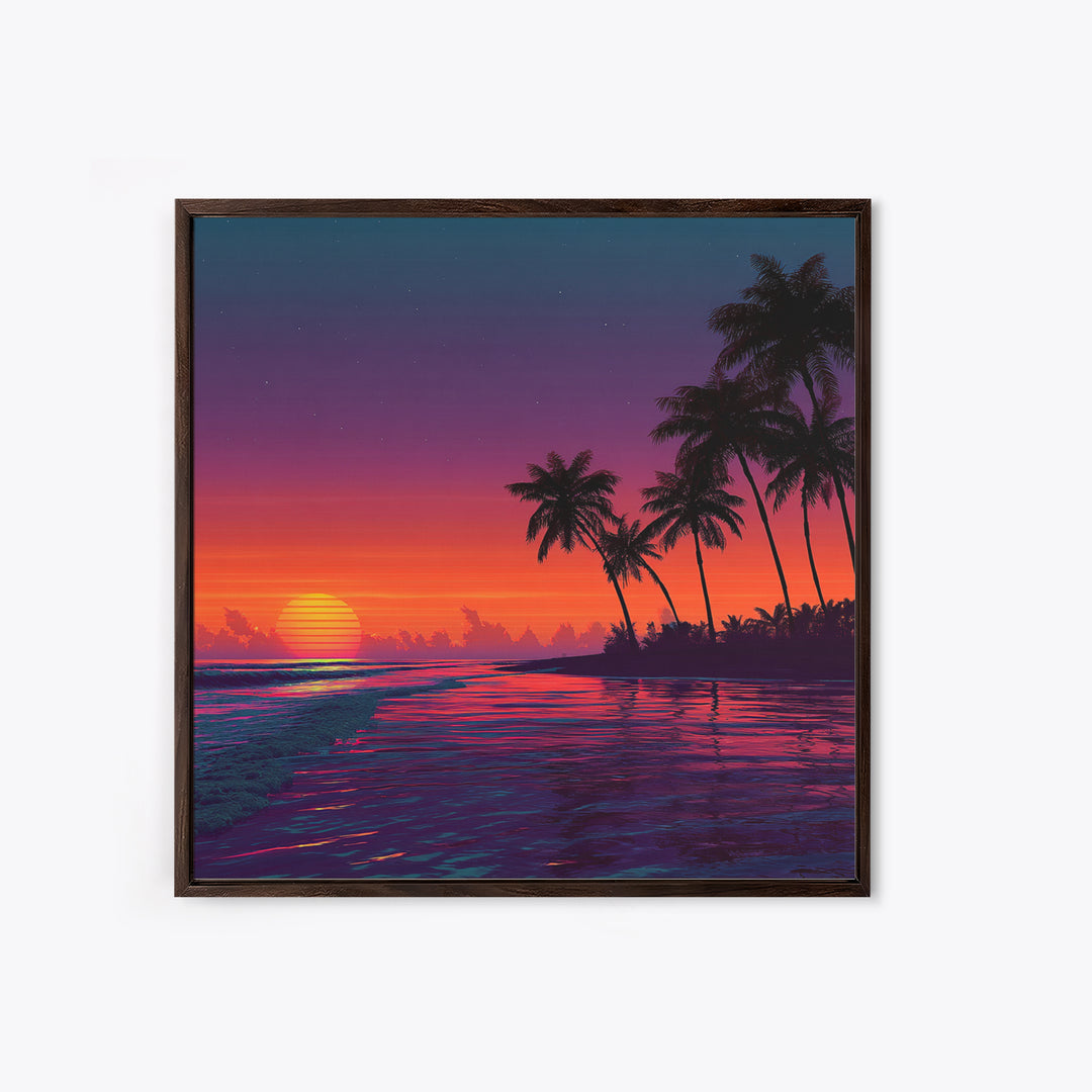 Neon Tropical Sunset Beach With Palm Trees Canvas Print, Coastal Wall Art, Colorful Ocean Art, Modern Home Decor Living Room
