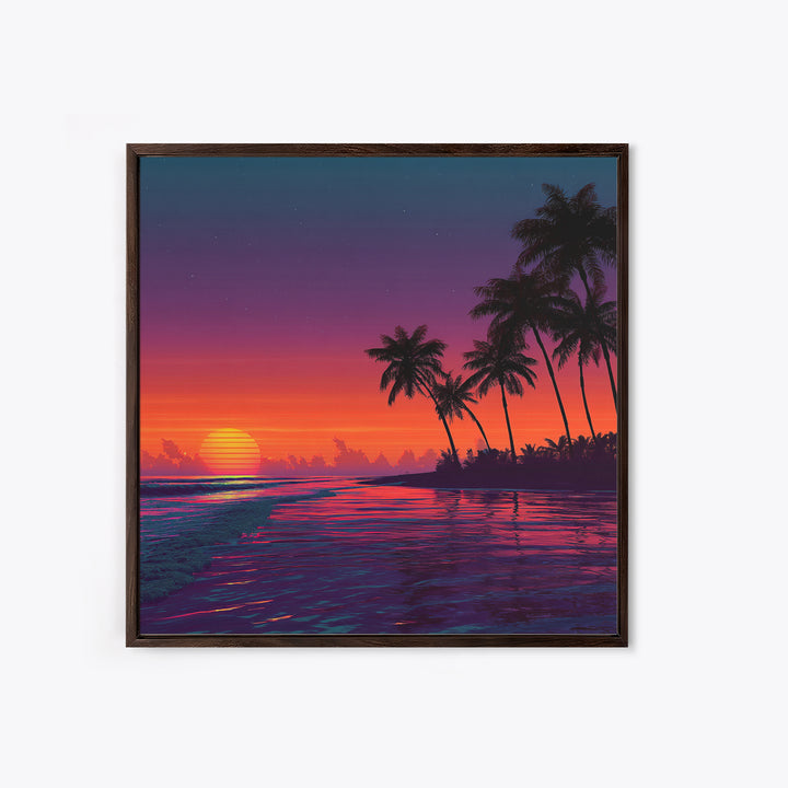 Neon Tropical Sunset Beach With Palm Trees Canvas Print, Coastal Wall Art, Colorful Ocean Art, Modern Home Decor Living Room
