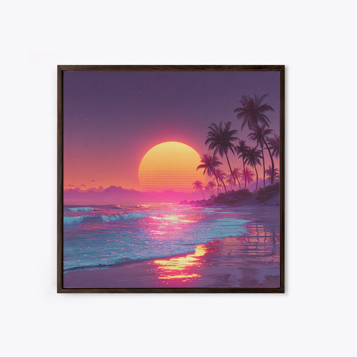 Pink Neon Beach Sunset Wall Art, Dreamy Vaporwave Ocean Canvas Print, Retro Coastal Landscape Art For Bedroom Or Living Room Decor