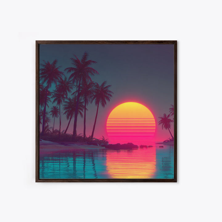 Neon Tropical Palm Trees And Retro Sunset Beach Wall Art, Vaporwave Coastal Canvas Print, Aesthetic Room Decor