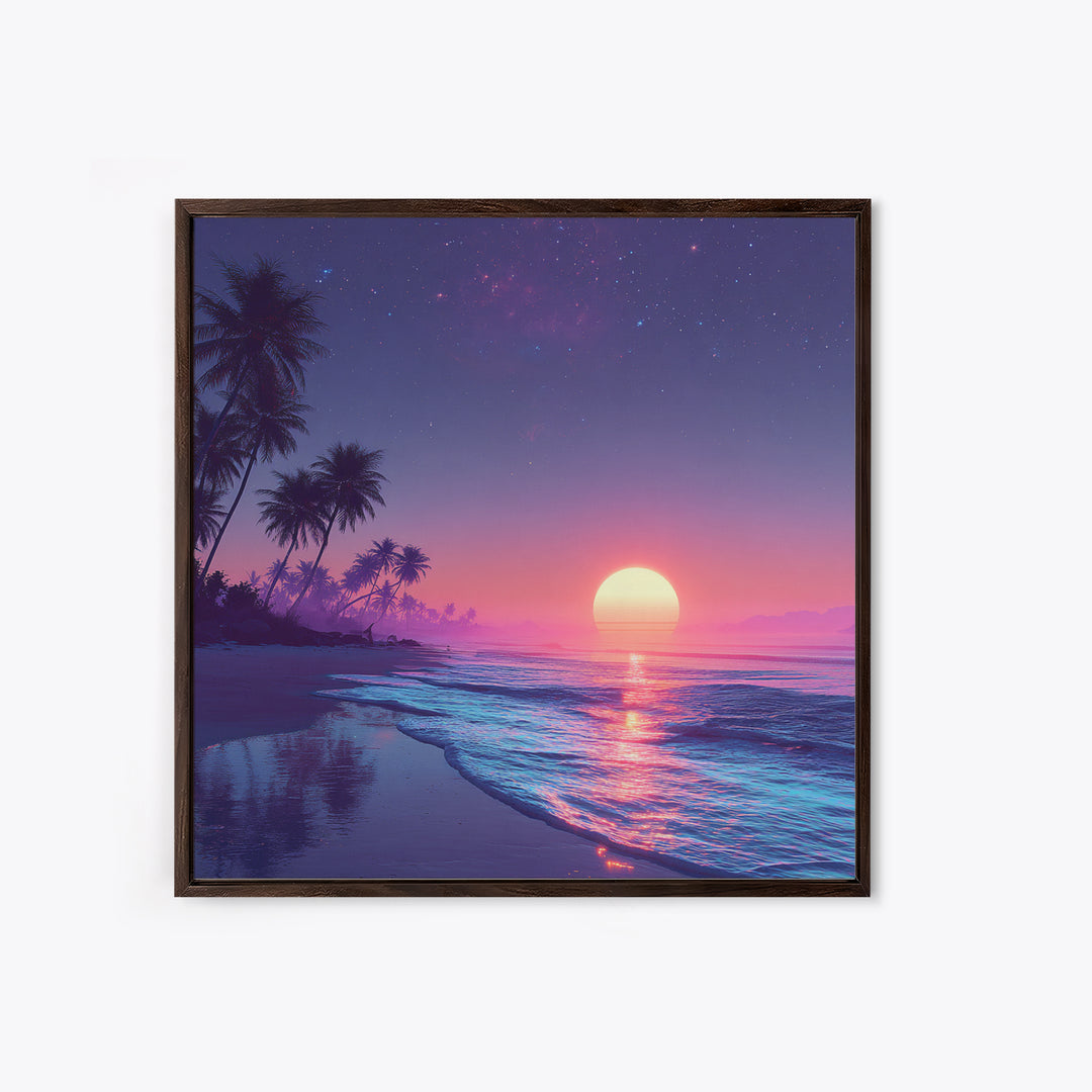 Tropical Neon Sunset Beach Wall Art, Palm Tree Coastal Landscape Print, Colorful Summer Home Decor Canvas Print