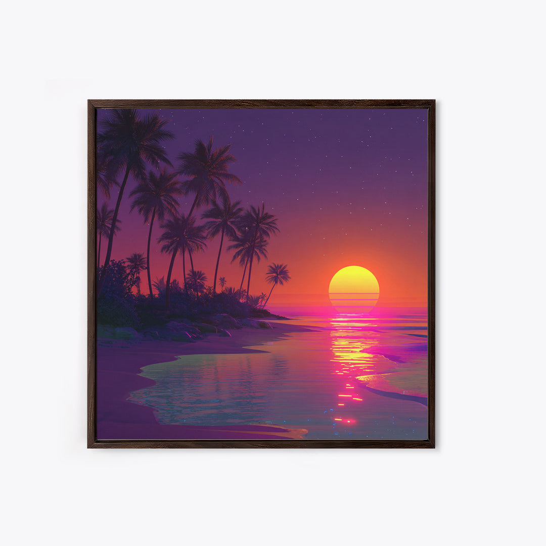 Neon Tropical Sunset Beach Wall Art, Retro Coastal Canvas Print, Summer Ocean Decor, Vibrant Modern Coastal Wall Art