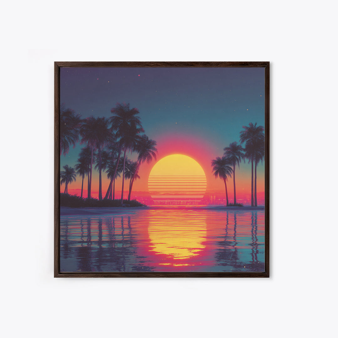 Dreamy Neon Palm Tree Sunset Beach Wall Art, Retro Coastal Landscape, Vibrant Summer Canvas Print Decor