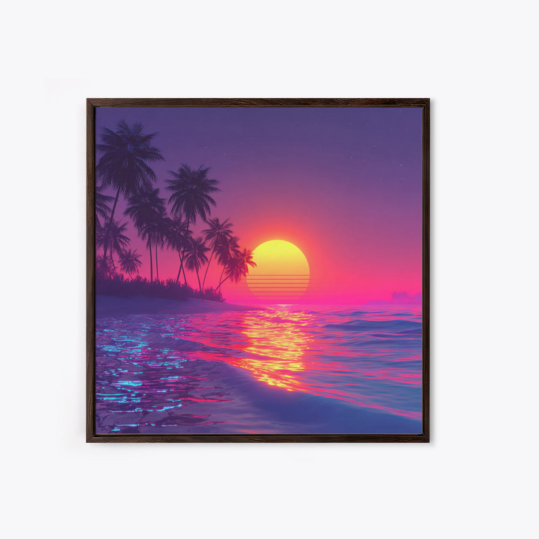 Neon Pink Beach Sunset Wall Art, Tropical Palm Tree Ocean Horizon Canvas Print, Coastal Summer Decor, Vibrant Seascape