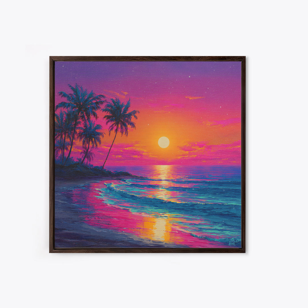Vibrant Moonrise Beach Canvas Print, Colorful Tropical Ocean Wall Art, Coastal Sunset Painting For Bedroom Or Beach House