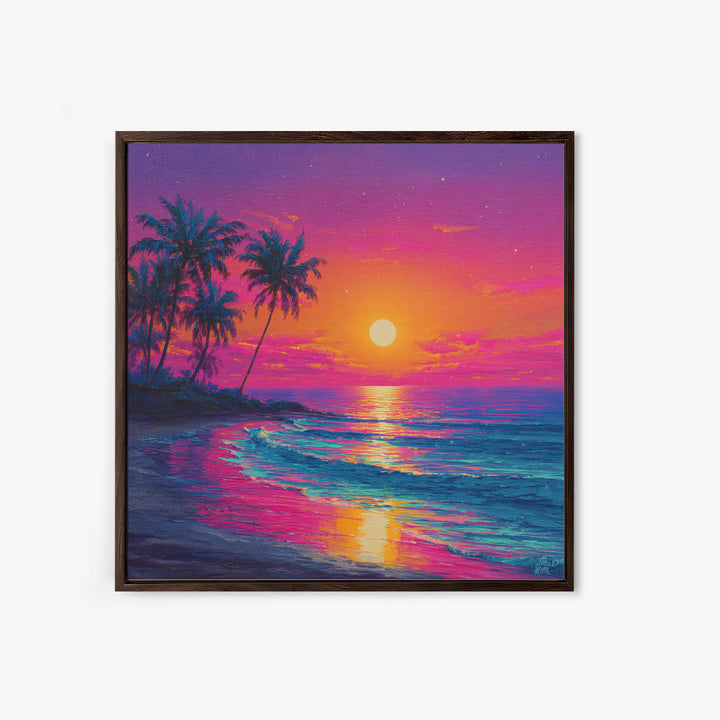Vibrant Moonrise Beach Canvas Print, Colorful Tropical Ocean Wall Art, Coastal Sunset Painting For Bedroom Or Beach House