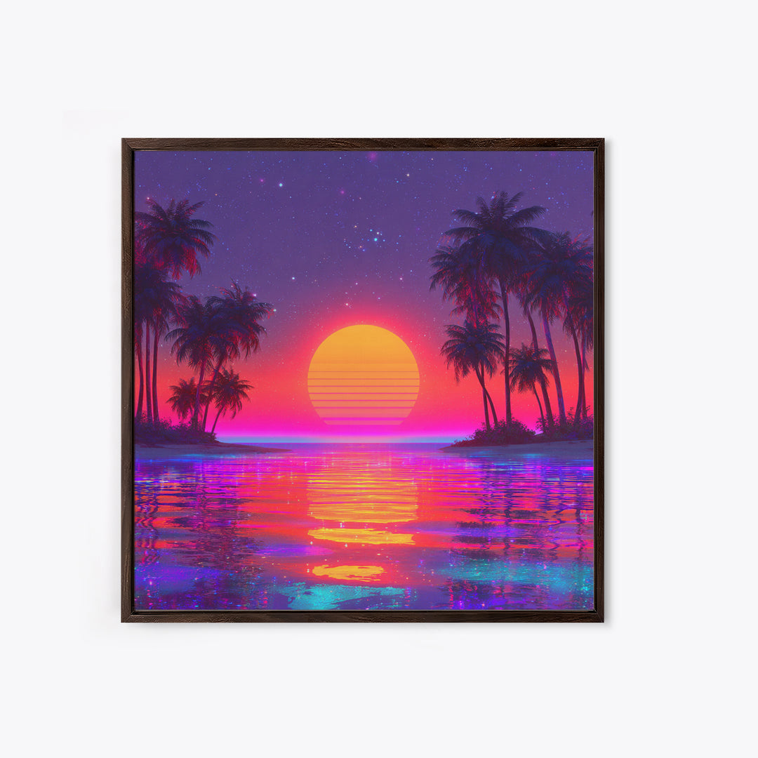Vibrant Neon Tropical Sunset Beach Wall Art, Retro Wave Palm Landscape Canvas Print, Colorful Coastal Room Decor