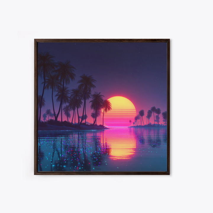 Sparkling Lagoon Neon Sunset With Palm Trees Wall Art, Retro Tropical Home Decor, Colorful Coastal Canvas Print