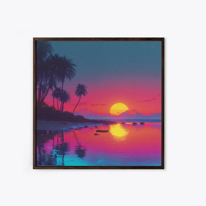Neon Tropical Sunset Beach Wall Art, Vibrant Coastal Landscape Art Print, Modern Coastal Decor Canvas Print For Living Room