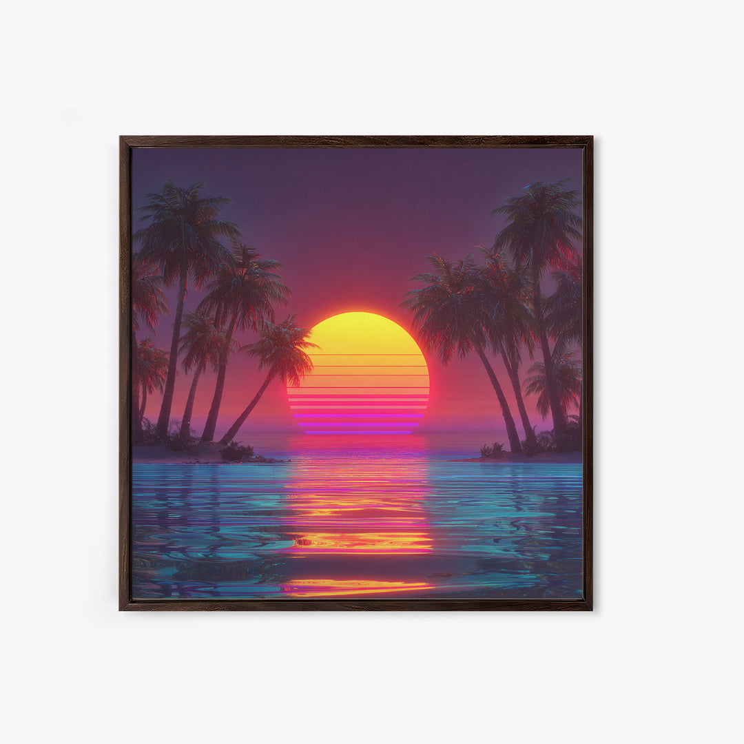 Vaporwave Tropical Sunset Beach Wall Art Canvas Print, Neon Coastal Landscape For Gaming Room And Modern Home Decor
