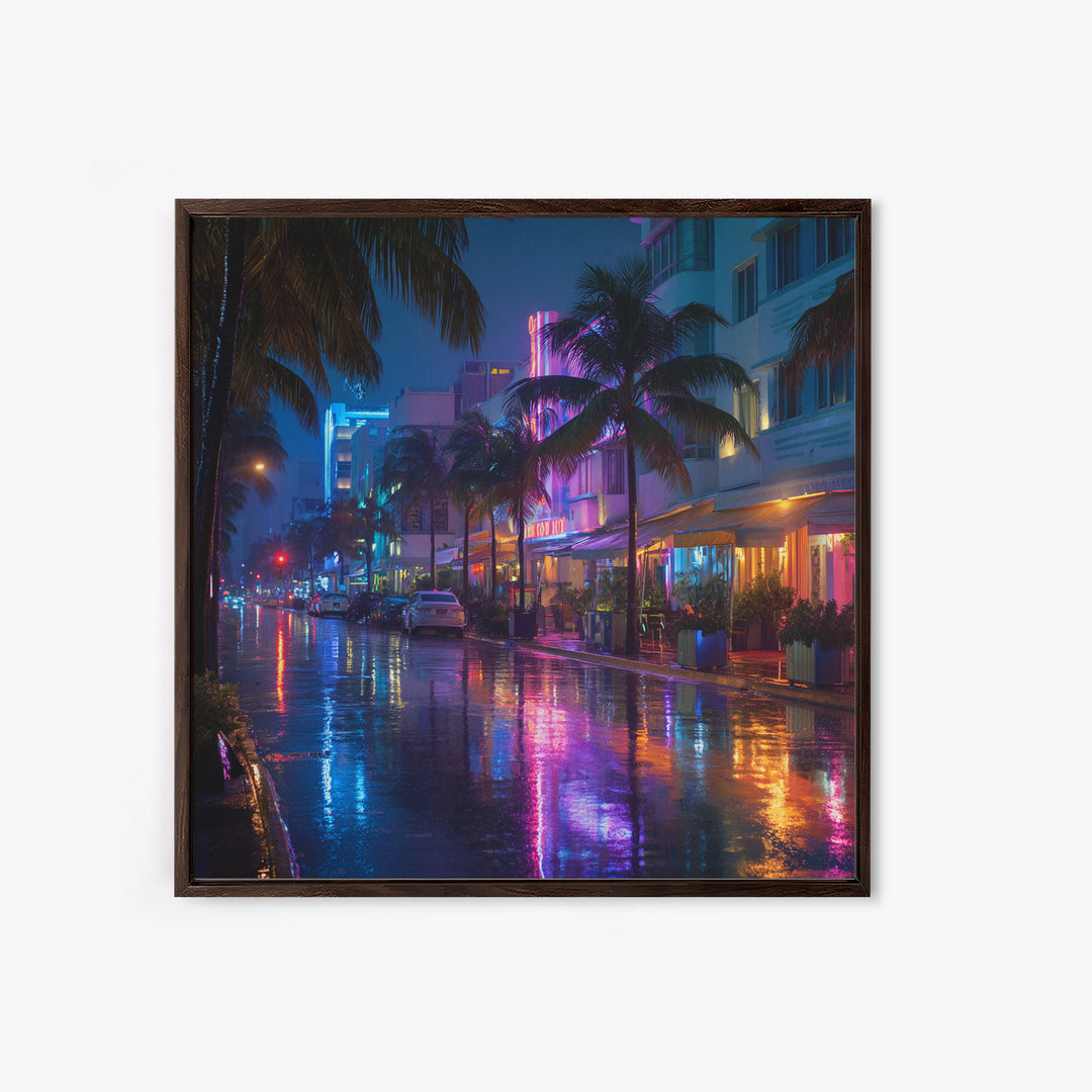 Neon Rainy City Street At Night Wall Art, Colorful Modern Urban Photography Print, Living Room Decor, Large Canvas Print
