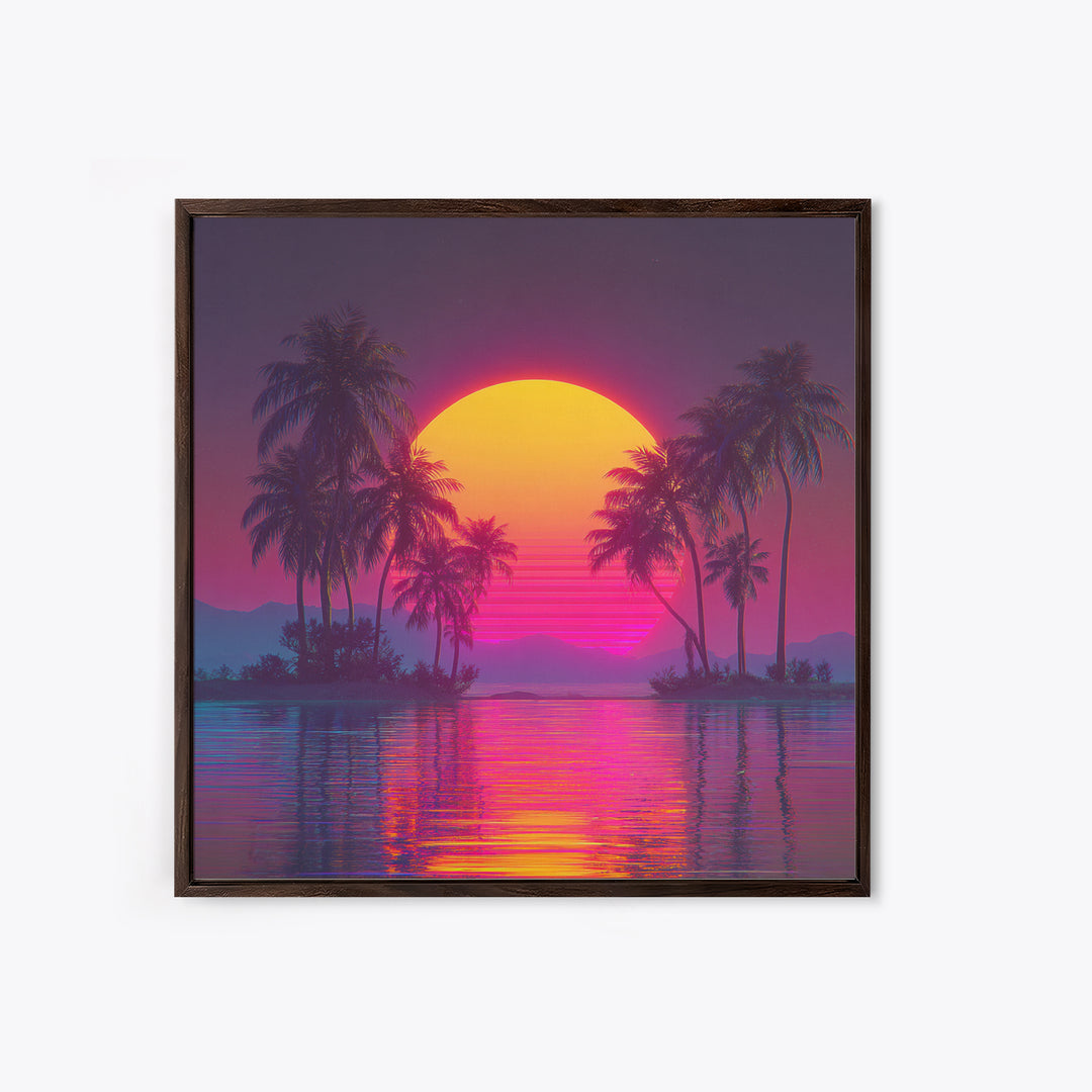 Neon Tropical Island Sunset Wall Art, Retro Synthwave Beach Landscape, Vibrant Coastal Decor, Modern Living Room Canvas Print