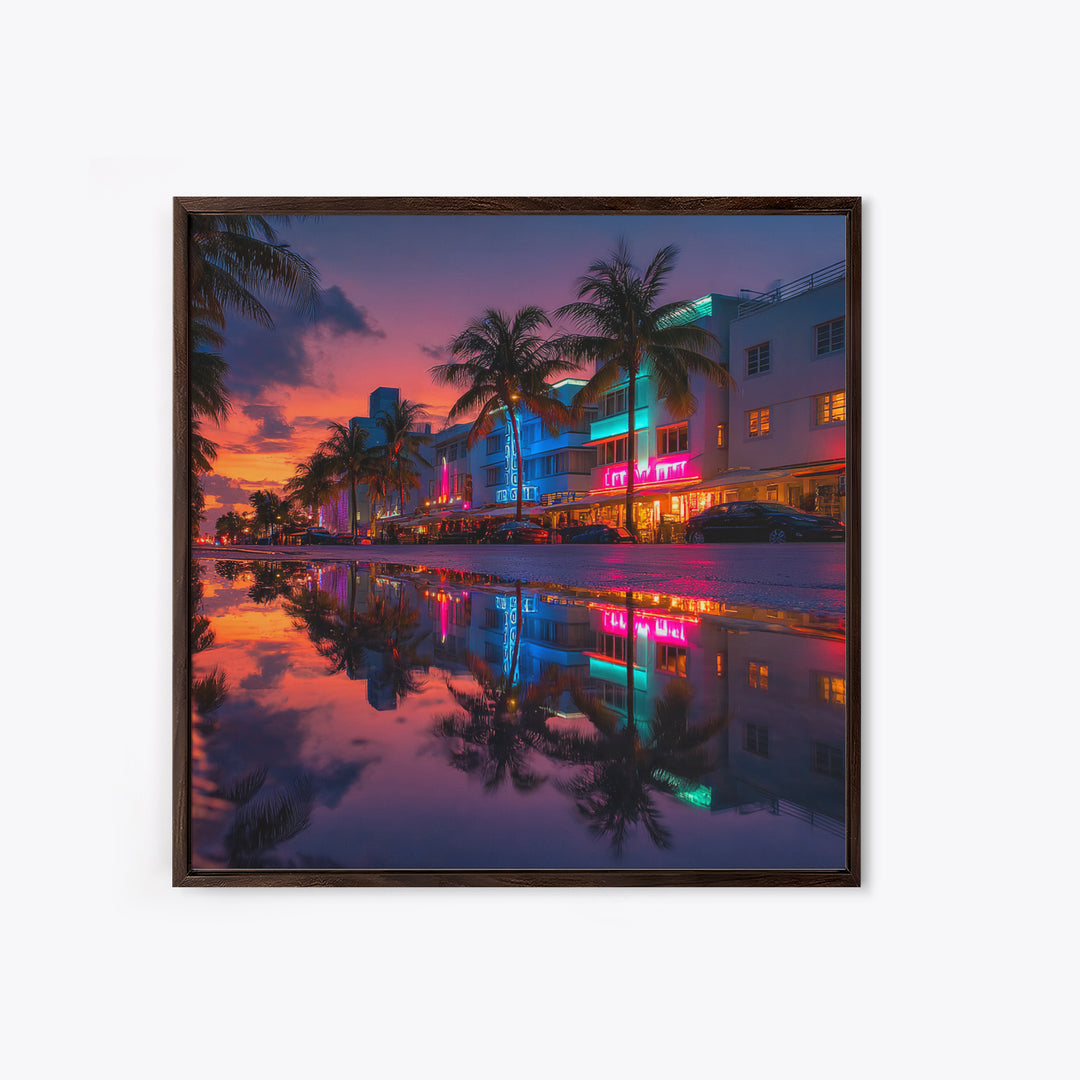 Miami Neon Night Cityscape Wall Art, Colorful South Beach Photography Print, Modern Urban Wall Decor Framed Canvas Print