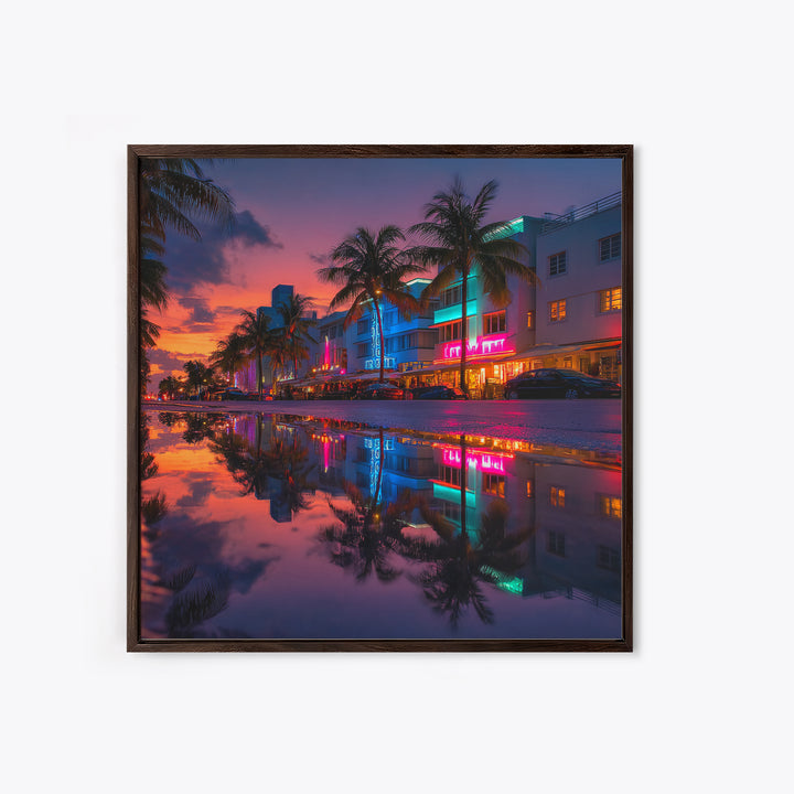 Miami Neon Night Cityscape Wall Art, Colorful South Beach Photography Print, Modern Urban Wall Decor Framed Canvas Print