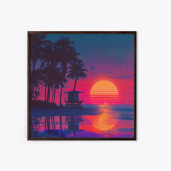 Tropical Neon Sunset Beach Canvas Print, Retro Coastal Wall Art, Palm Tree Ocean Decor Vibrant Living Room Wall Art