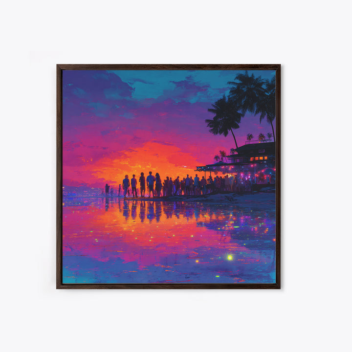 Neon Beach Sunset Party Wall Art, Colorful Coastal Canvas Print, Retro Futuristic Ocean Art, Summer Vibes Living Room Decor